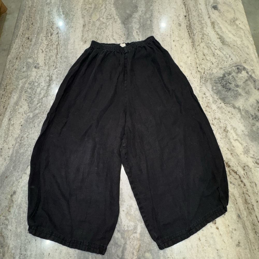 Tina Givens Linen Black Capris Wide Leg High Rise Lagenlook Boho Sz Medium USA
